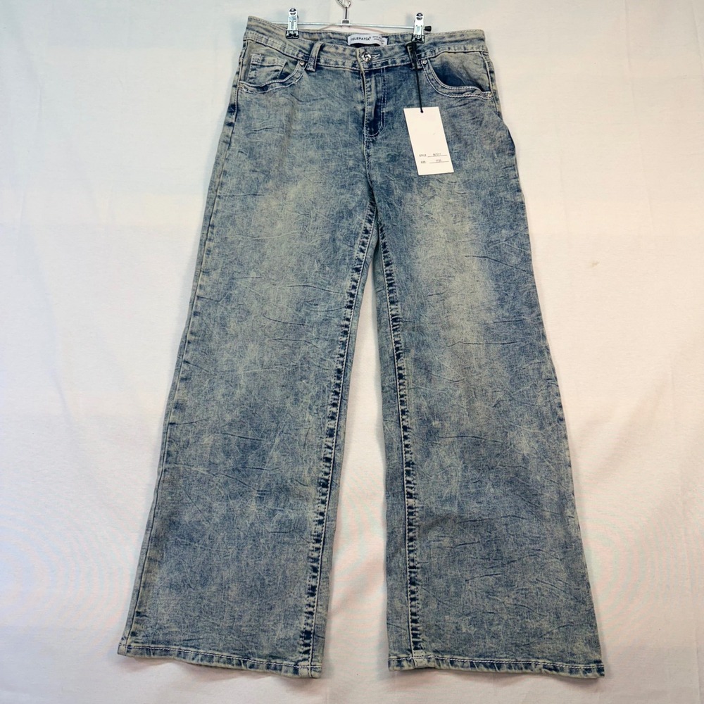 Telepatia Women Acid Wash Wide Leg Jeans Floral Skull Rhinestone Blue Size 17/33